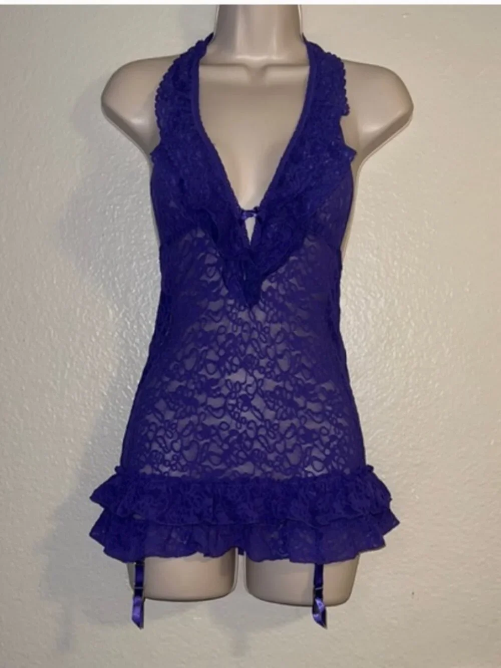 Victorias Secret The Lacie Sheer Lace Halter Babydoll Lingerie Purple Size Small